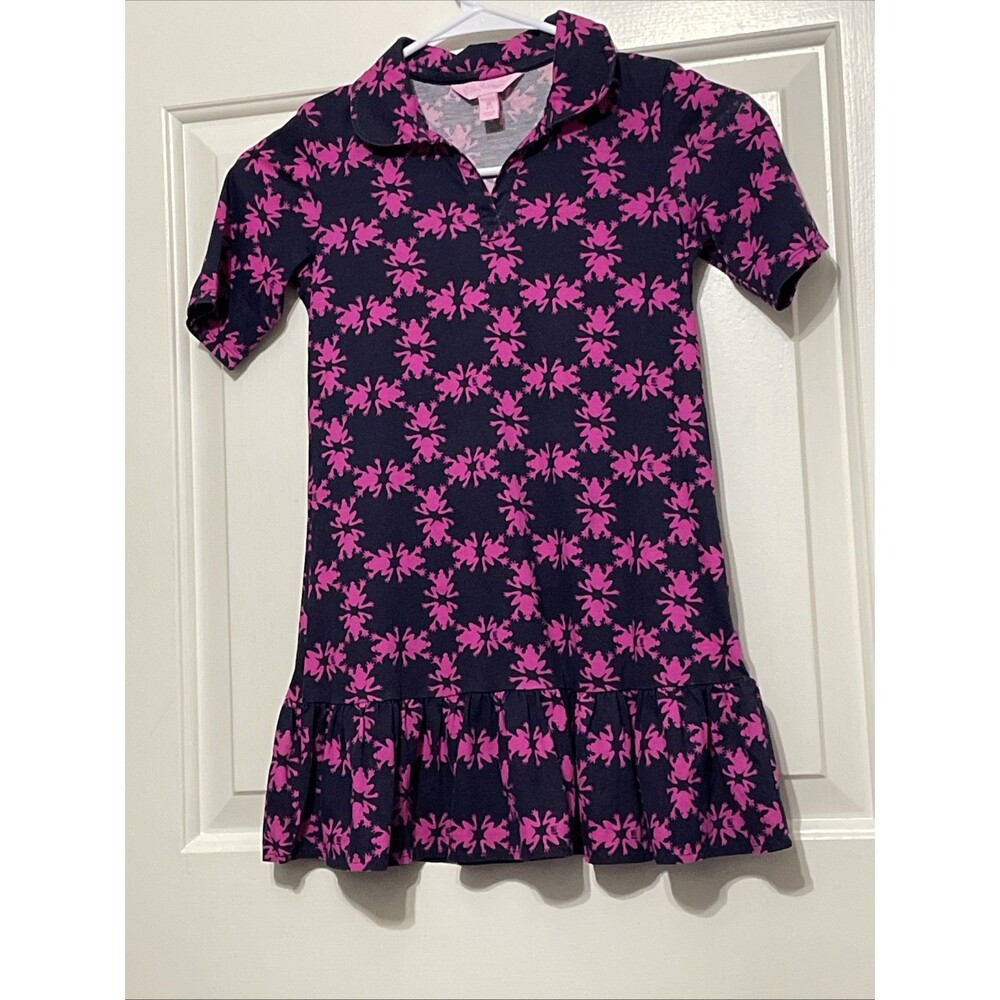 Lilly Pulitzer girls Frog Print Get Hoppy Collared polo ruffle Dress M 6/7